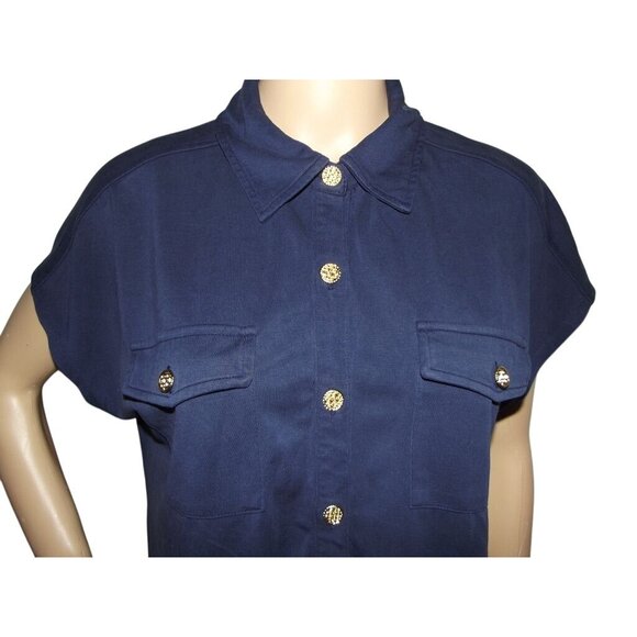 Cable & Gauge Shirt Womens Large navy blue button up flap pockets top blouse - Picture 3 of 9